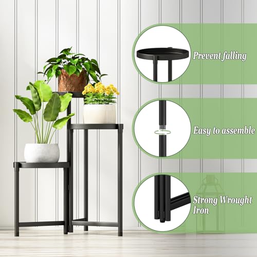 Plant Stand indoor outdoor-3 Tier black Tall Metal Flower Pot Holder 9in Wide Potted Display Rack - Heavy Duty Corner Plant Shelf for Patio Garden Balcony Living Bedroom Room