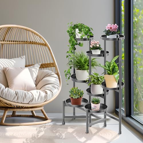 5 Tier Plant Stand Indoor Tall, Adjustable Black Plant Shelf for Multiple 8 Potted Flower Plants Holders, Corner Metal Flower Display Rack for Patio Garden Balcony Living Room Office (A) - color: 8 pots-Black