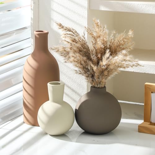Vase Set of 3 | Ceramic Neutral Vases Home Decor | Rustic Flower Pottery Vases Modern Farmhouse Vase for Table Entryway Mantel Centerpiece Bookshelf Living Room Bathroom Bedroom -Brown Large - color: 001-brown-larger