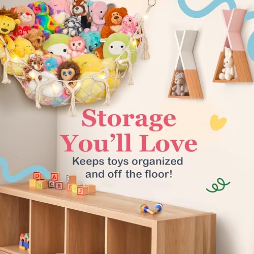 Stuffed Animal Storage Macrame Hammock w/String Lights, Large - Boho Room Decor Toy Storage - Corner Hanging Plushie Stuffed Animal Net Organizer (Mint)