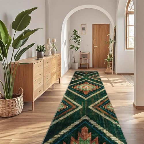 2x10Ft Boho Runner Rugs for Hallway Non Slip, Green Washable Kitchen Rugs, Soft Moroccan Farmhouse Entryway Runner, Low Pile Geometric Floor Carpet for Entrance Bedroom Home Decor - color: Green, size: 2' x 10' (Rectangular)