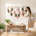WOODSTICK Large Macrame Wall Hanging 52.3"W x 31"L - Boho Wall Decor in Beige, Old Pink & Green - Chic Woven Leaf Leaves Boho Tapestry, Handmade Cotton Fiber Art, Macrame Wall Décor, Bedroom Tapestry - size: 31"L x 52.3"W