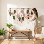 WOODSTICK Large Macrame Wall Hanging 52.3"W x 31"L - Boho Wall Decor in Beige, Old Pink & Green - Chic Woven Leaf Leaves Boho Tapestry, Handmade Cotton Fiber Art, Macrame Wall Décor, Bedroom Tapestry - size: 31"L x 52.3"W
