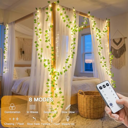 suddus Vine with Fairy Lights Battery Operated, 33ft100 LED Pothos String Lights with Remote, Leaf Lights for Bedroom, Room, Wall, Garden, Party, Wedding Dorm Decor(Warm White) - color: Pothos, size: 100 LED-Battery-Copper