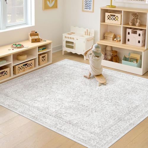5x7 Area Rugs for Living Room: Washable Vintage Floral Rug Low Pile Non-Slip Boho Carpet for Nursery Bedroom Dining Room (Floral Grey, 5'x7') - color: Floral Grey, size: 5' x 7' (Rectangular)
