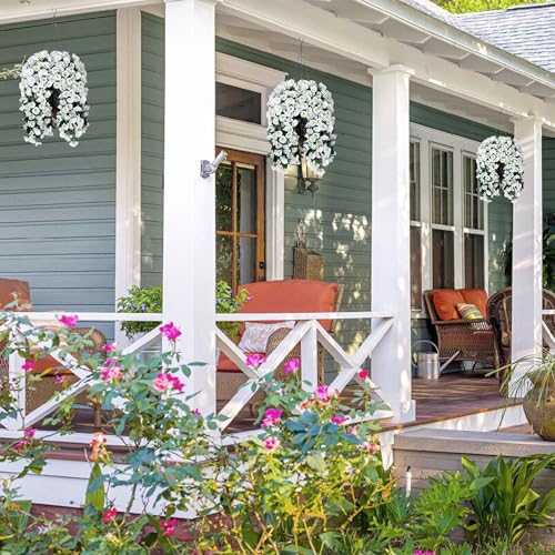 Artificial Fake Flowers Plants Hanging Baskets for Outdoor Outside Decor, Faux Silk Hanging White Morning Glory Trailing Vines UV Resistant for Porch Patio Home Decoration - color: White