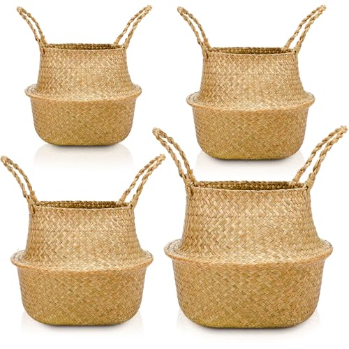 Qunclay 4 Pcs Woven Seagrass Baskets Belly Basket Folding Boho Natural Plant Pot with Handles Round Decorative Wicker Large Indoor Planter for Home Outdoor Tree Planters Decor (Xs,S,M,L) - size: XS,S,M,L
