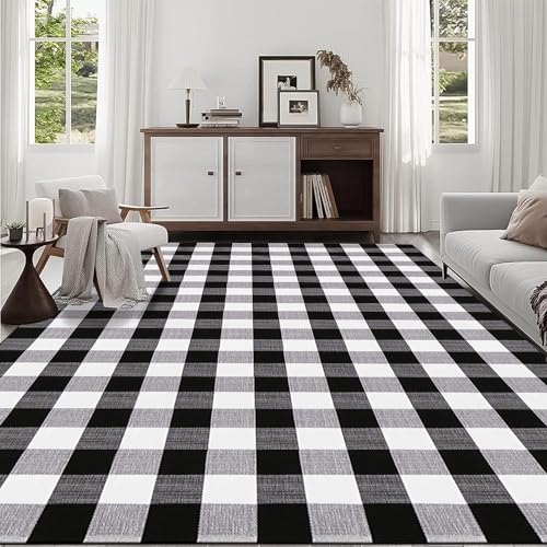 Buffalo Plaid Rug 5.5'x7.5'Black and White Area Rug,Washable Cotton Woven Indoor/Outdoor Rug for Farmhouse/Dining Room/Bedroom/Living Room Rug Retro Lattice Checkered Carpet - size: 5.5'x 7.5'