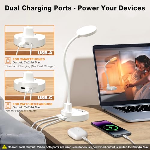 15W LED Desk Lamp with USB Charging Ports – Dimmable Table Lamp with 3 Color Temps, 5 Brightness, 4 Timers, Flexible Gooseneck Light with Base, Eye-Caring Reading Light for Home Office, Bedroom, Study - color: White, size: 3.5'' Lamp