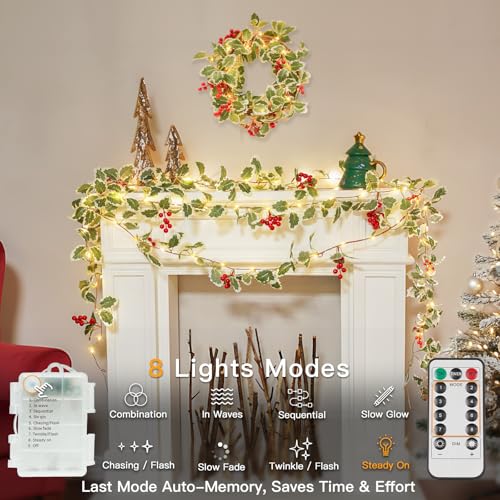 suddus 40 LED Christmas Fairy Lights Battery Powered,12.5ft Vine String Lights with Red Berries & Holly Leaf Timer Remote, Artificial Garlands for Fireplace, Bedroom,Porch,Door,Table,Stairs,Xmas Decor - color: Holly, size: 40 LED-Battery-Copper