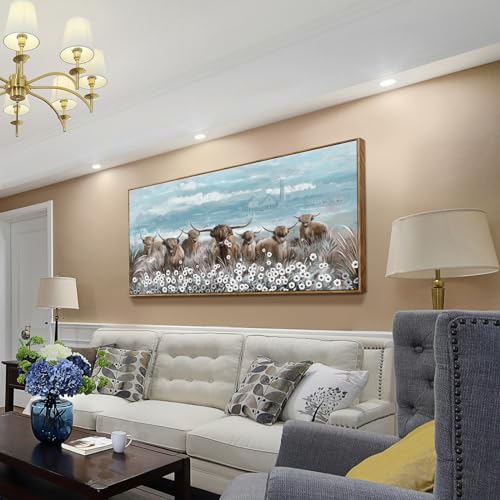 Extra Large Framed Wall Art for Living Room Big Boho Farmhouse Highland Cow Canvas Artwork Flower and Animal Picture Rustic Coastal Blue and Brown Decor for Office Bedroom Kitchen - color: Highland Cow Wall Art, size: 58"L x 29"W