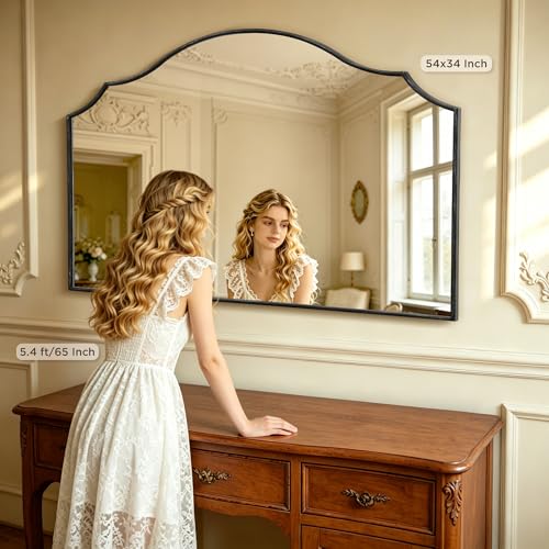 Besdomus Oversized Scalloped Black Mirror: 54"x34" Modern Minimalist Wood Frame Wall Mirror - Classical Fireplace Arched Mirrors for Bathroom/Dresser/Entryway/Living Room - Home Decor for Women - color: Black, size: 34"L x 54"W