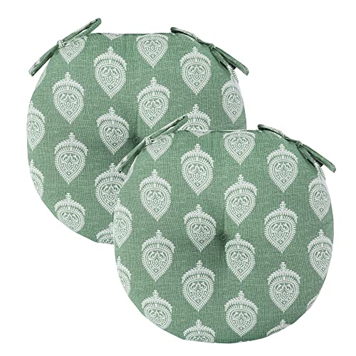 FUNHOME 15"x15"x4" Bistro Chair Cushion Set of 2, Water Repellent Round Outdoor Chair Cushions with Ties, Patio Tufted Chair Pads for Home Garden (Fair Green) - color: Fair Green