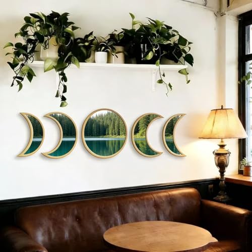 5-Piece Set of Moon Phase Mirror Decorations in Nordic Style, Acrylic Mirror paired with Wooden Combination, Bohemian Style Living Room Bedroom Home Decoration, Beige (Beige) - color: Beige
