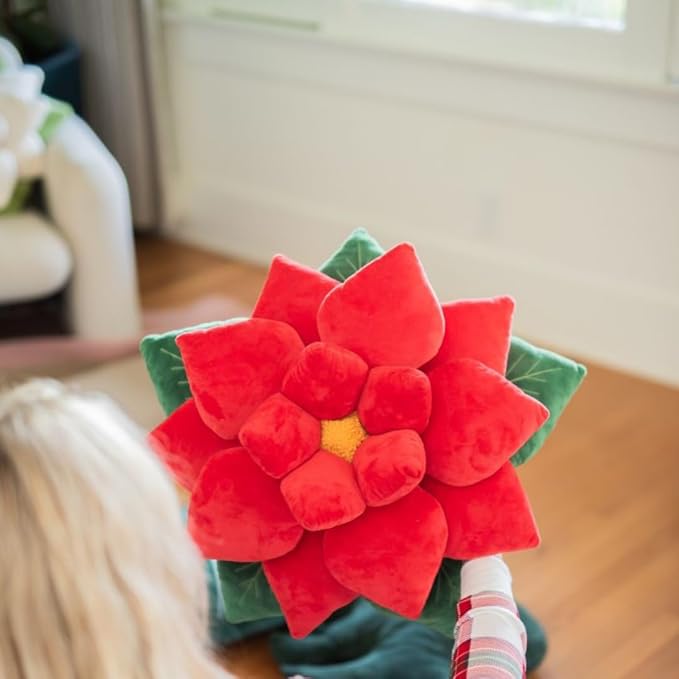 Green Philosophy Co. Poinsettia Plush Throw Pillow - Christmas Red Flower Shaped Accent Cushion | Unique Christmas Decor & Gift