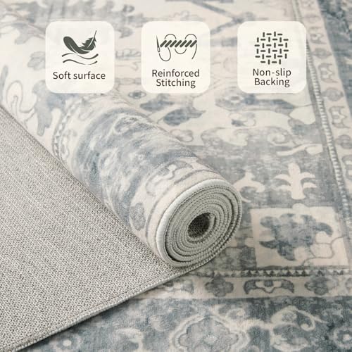 Rugxara 2x5 Hallway Runner Rug, Non Slip Boho Runner Rugs for Hallway, Kitchen, Entrance, Bathroom, Laundry Room, Soft Ultra-Thin Entryway Carpet, Throw Low Pile Retro Imitation Wool Carpet, Blue Grey - color: Blue & Grey, size: 2' x 5' (Runner)