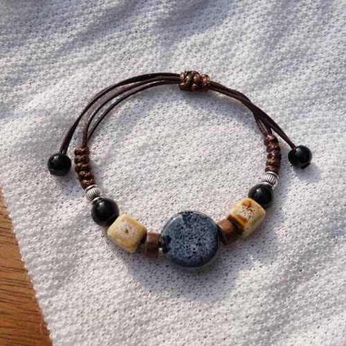 Handmade Green Boho Bracelets for Women, Bohemian Ceramic Beads Bracelets for Friends, Trendy Porcelain Stone Beaded Bracelets for Sisters - color: dark blue round