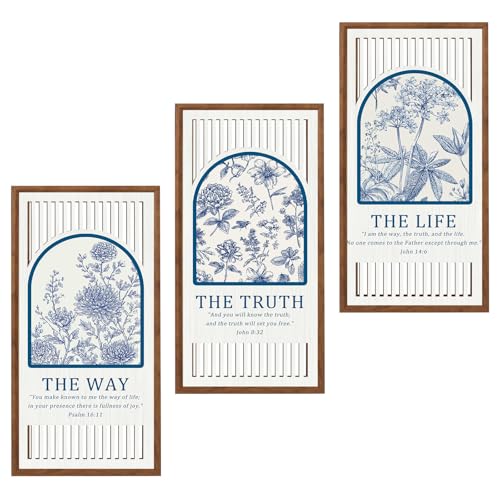 BINCUE Jesus Wall Art Flower,Christian Bible Wall Art Florals,Bible Verse Artwork,Blue White Flower Hanging Decor,Modern Scripture Wood Wall Decor for Living Room Bedroom Home 8x16 Inch Set of 3 ﻿ - color: Bule & White