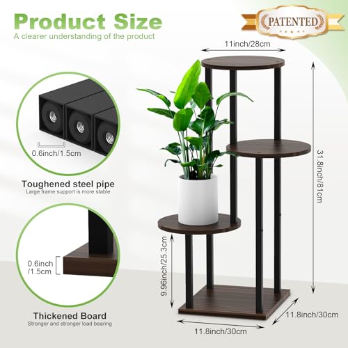 4 Tier Wood Tall Plant Stand Metal Rack Indoor, Multiple Flower Pot Holder Shelves Corner Rack, Round Planter Shelf Display Rack Storage Organizer for Patio Living Room Balcony(Black+Oak) - color: Black+Oak, size: 4 Tier
