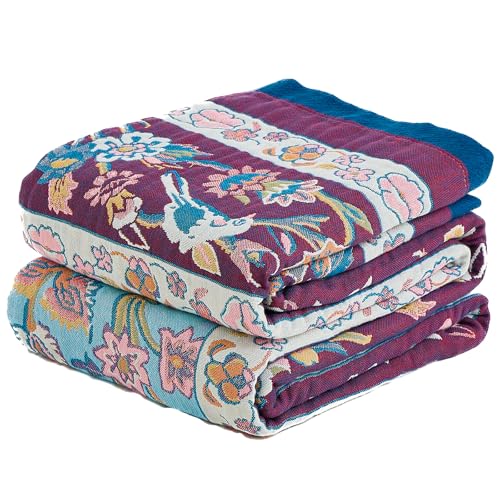 Boho Cotton Throw Blanket,Ultra-Soft Rustic Quilt for Bed, Home Decor & Travel - Large 80"x90" Muslin Blanket - All-Season Lightweight Bedspread & Throw for Women & Moms,Purple - color: Floral Slumber, size: 80"x90"