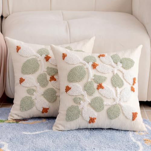 City Jun Summer Botanical Throw Pillow Covers 18x18 Inch Set of 2, Chenille Embroidered Pillowcase with 3D Tufted White Floral Vine Sage Green Leaves, Boho Decorative Cushion Covers for Couch Sofa Bed - color: Cyan, size: 18" x 18" (Pack of 2)