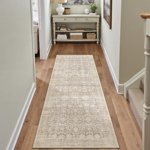 2x6 Beige Washable Floral Hallway Runner Rug Kitchen Vintage Low Pile Non Slip Area Rug Soft Stain Resistant Carpet Distressed Door Mat Entryway Bedroom Living Room Indoor Stair - color: Accent | Beige, size: 2'x6'