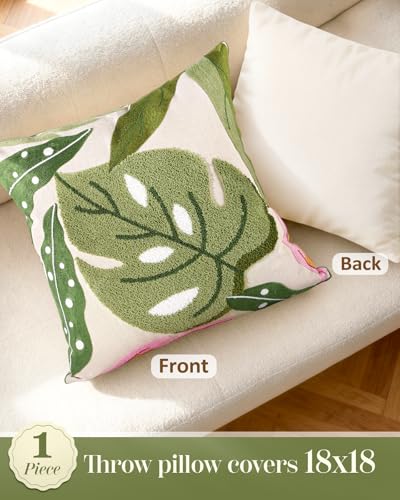 Embroidered Throw Pillow Cover - 18x18 Decorative Pillow Cover with Zipper Aesthetic Cute Design Boho Spring Summer Throw Pillowcase for Living Room Couch Sofa Bed, Monstera Leaves - color: Monstera-leaves, size: 18" x 18" (Pack of 1)