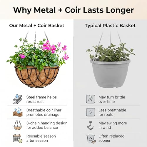 Kingbuy 12 Inch Metal Hanging Planter Basket 2 Pack - with Coconut Fiber Liners, Rustproof 3-Chain System, Quick Drainage for Indoor/Outdoor Window Balcony Patio, Weather-Resistant Coating - size: 12 Inch, style: Grid