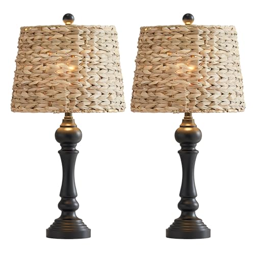 Maxax 26" Boho Rattan Table Lamps for Bedroom Set of 2, Coastal Bedside Lamps with Rattan Shade, Black Farmhouse Wicker Lamps, Rustic Resin Nightstand Lamps for Living Room - color: Black