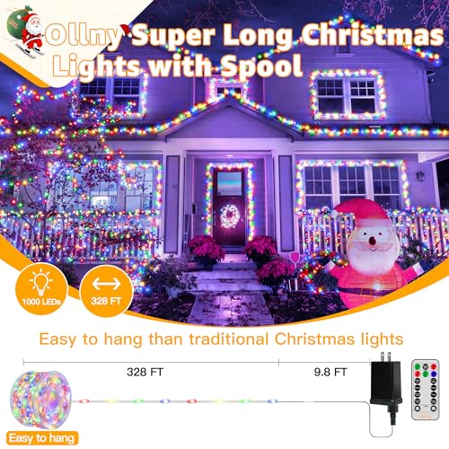 Ollny Outdoor Christmas Lights 1000LED 328FT, Multicolor Fairy Lights IP67 Waterproof, Plug in String Light with Remote 8 Modes Timer, Xmas Light for Outside Indoor House Tree Decorations - color: Multicolord, size: 1000 LEDs