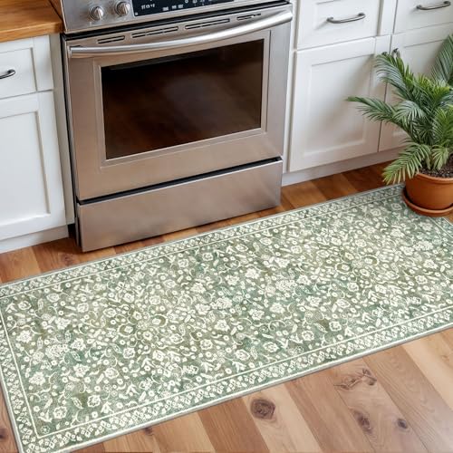 Vintage Washable 2x5 Rug Runner, Sage Green Beige Runners for hallways, Super Soft Kitchen Runner Rug Non Slip, Print Faux Wool Floral Thin Carpet Runner for Entryway Indoor Bedroom - color: Muted Sage Green With Beige Accents, size: 2' x 5' (Runner)