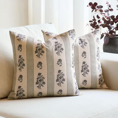 Amor Virisso Floral Throw Pillow Covers 24x24 Set of 2 Block Print Pillow Covers Neutral Floral Striped Farmhouse Decorative Pillow Covers for Sofa Couch Bed, Dusty Green - color: Dusty Green, size: 24" x 24" (Pack of 2)