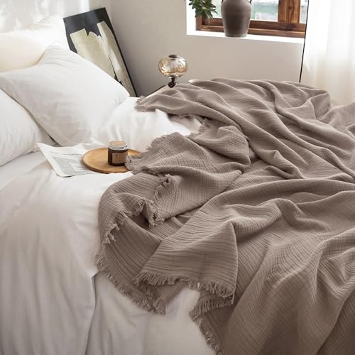 FOSSA Muslin Blanket with Fringe - 4-Layer 100% Cotton Gauze Super Soft & Breathable Throw -Lightweight Decorative Cooling Blanket for Bed, Sofa, Office (Pale Brown, Throw XL (50" × 70")) - color: Pale Brown, size: Throw XL (50" × 70")