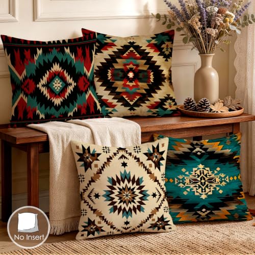 OBSEDE Southwestern Tribal Throw Pillow Covers 18x18 Set of 4, Farmhouse Decor for Home Couch Sofa Living Room, Rustic Floral Decorative Cushion Cases - color: Southwestern Tribal