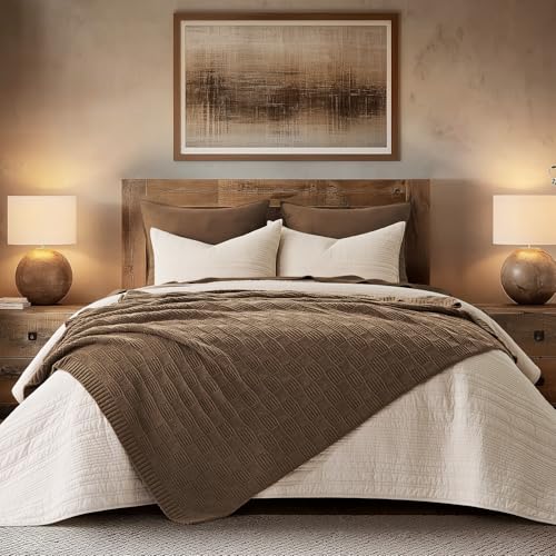 EVERGRACEHOME Modern Checkered Chenille Throw Blanket, Soft Cozy Plaid Knitted Chair Blanket for Sofa Couch, Decorative Knit Throw for Bed and Living Room, Camel Brown, 50" x 60" - color: Checkered Camel Brown, size: 50" X 60"