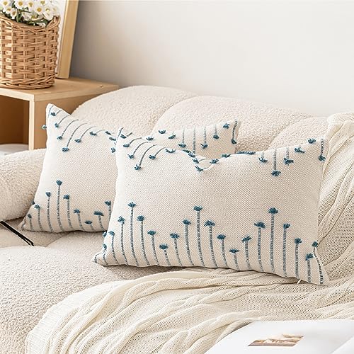 LILEPOY Boho Throw Pillow Covers 12x20 Set of 2 Neutral Decorative Textured Cushion Case Farmhouse Pillowcase Modern Lumbar Pillow Covers for Sofa,Couch, Living Room,Beige and Blue - color: Beige and Blue, size: 20" x 12" (Pack of 2)