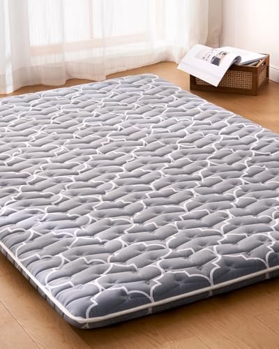 6th Generation Japanese Floor Futon Mattress - Extra-Thick 9-Layer Modern Futon with 100% High-Density Foam, Portable Floor Mattress Sleeping Pad for Adults, Guest Room, Dormitory, Queen Size(60"X80") - color: Grey, size: Queen(60"X80")