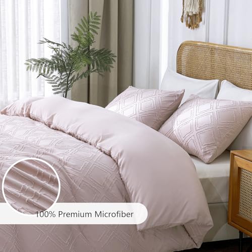 Duvet Cover Queen Size, 3PCS Boho Duvet Cover Set, Geometric Pattern Tufted Bohemian Comforter Cover Jacquard Knit Textured Bedding Set with Zipper Closure - color: Pink, size: Queen