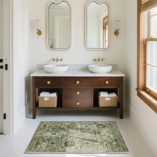Machine Washable Small Rugs for Kitchen: Door Mat Indoor Entrance 2x3 Throw Rug Stain Resistant Non-Slip Low Pile Soft Carpets for Entryway Front Door Indoor Entrance Entry Bedroom - color: Green and Beige, size: 2' x 3' (Rectangular)