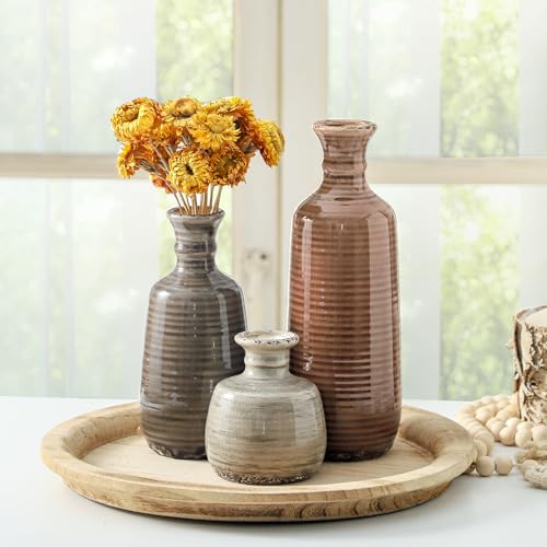 Ceramic Vases Set of 3, Neutral Rustic Farmhouse Vases Home Decor Decorative Flower Vase Modern Boho Pampass Vase for Table Mantel Entryway Shelf Living Room Kitchen Bathroom - Brown - color: 011 Vase Set - Brown
