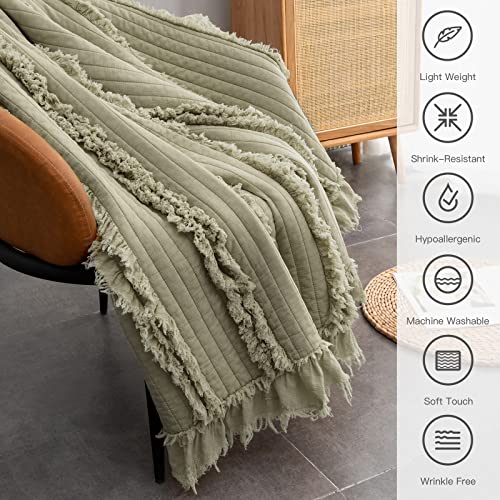 Ultra Soft Pre-Washed Quilted Throw Blanket, Ruffle Fringed Olive Green Decorative Throw, Sage Green Stone Washed Chic Rustic Blanket for Sofa Couch Bed, 50"x 60" - color: Green, size: 50"x60"