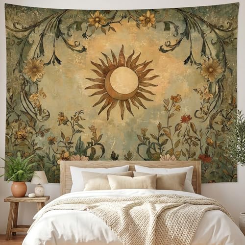 Lifeel Vintage Sun and Moon Tapestry, Boho Retro Green Plant Aesthetics Tapestries for Living Room Dorm, 44x60 inches - color: cream, size: 60"L x 44"W