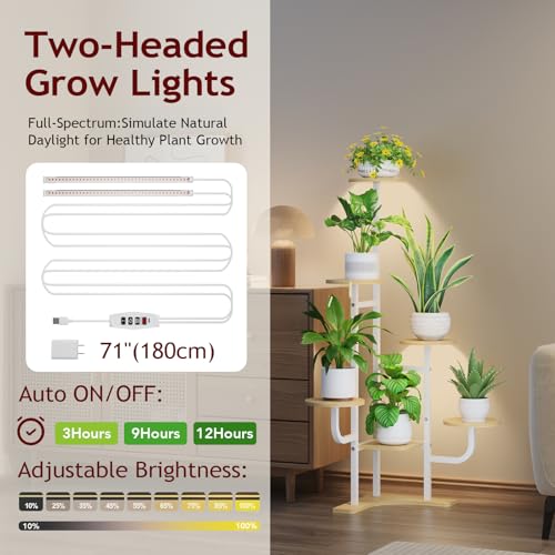 Homsorout Corner Plant Stand with Grow Light - 6 Tier Plant Stand Indoor Round Metal Plant Shelf with Adjustable Light, Plant Organizer for Living Room, Graden, Home Decor (Maple) - color: Maple & Round