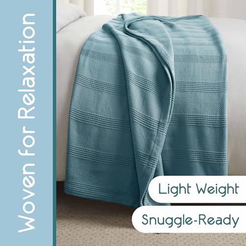 Vellux 100% Cotton Blanket, Queen, 90x90, Pacific Blue | Soft, Breathable Knit, Lightweight, All Season, Machine Washable, Oeko-Tex Certified, Hotel Quality - color: Blue, size: Queen