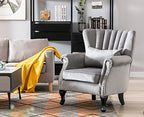 Kmax Grey Accent Chair Velvet Wingback Chair with Pillow Nail-Head Channel Tufted Oversized Club Chair for Living Room Bedroom Guest Room - color: Grey