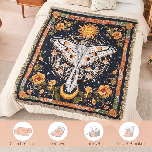 Boho Throw Blanket Reversible Cotton Bohemian Tapestry Hippie Room Decor Outdoor Blanket Double Sided (Black Butterfly 50"x60") - color: Black Butterfly 2, size: 50*60 inch