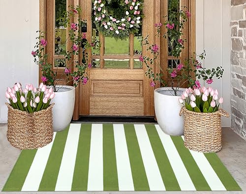 3'x5'Outdoor Rug,Striped Cotton Woven Washable Front Porch Rug Green and White Farmhouse Entry Rug Indoor Outdoor Area Rug for Porch/Home Entrace Decor/Bedroom/Layered Door Mats - color: Green White, size: 3' x 5' (Rectangular)