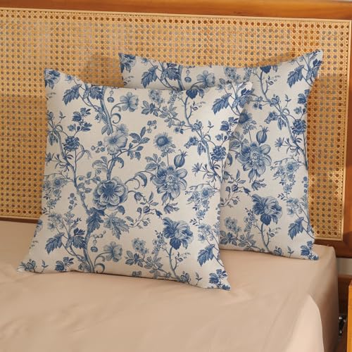 Vintage Blue Throw Pillow Covers 16x16 Inch 2 Pcs Chinoiserie Navy Blue Floral Outdoor Decor Pillow Covers Flower Spring Seasonal Decorative Pillowcase Linen Cushion Cover for Couch Sofa - color: Vintage Blue Flower, size: 16" x 16" (Pack of 2)