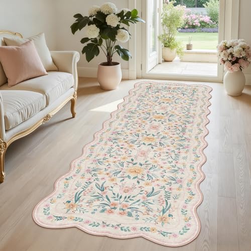 Hallway Runner Scalloped Floral Rug 2.6x8 Washable Non Slip Pink | Soft Cushiony Feel Low Pile Carpet Runners For Kitchen Runner Rug, Entryway Runner, Floor Runner - color: Pink Scalloped, size: 2.6 x 8 ft