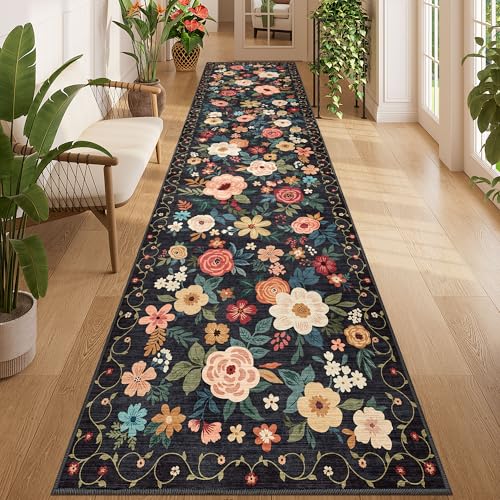 DUKINO 3x12 Washable Runner Rug, Non Slip Soft Floral Hallway Runner Rug with Non Shedding Design, Low Pile Long Floor Carpet for Kitchen, Hallway, Bathroom, Entryway, Laundry, Black - color: Black, size: 3' x 12' (Rectangular)